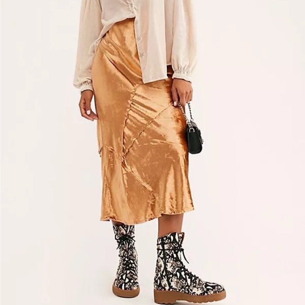 Free People Gold Solid Serious Swagger Skirt Midi Pull On Stretch Waist Size XS